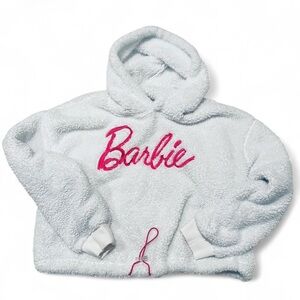 Size: Large l Barbie White + Pink Sherpa Cropped Hoodie